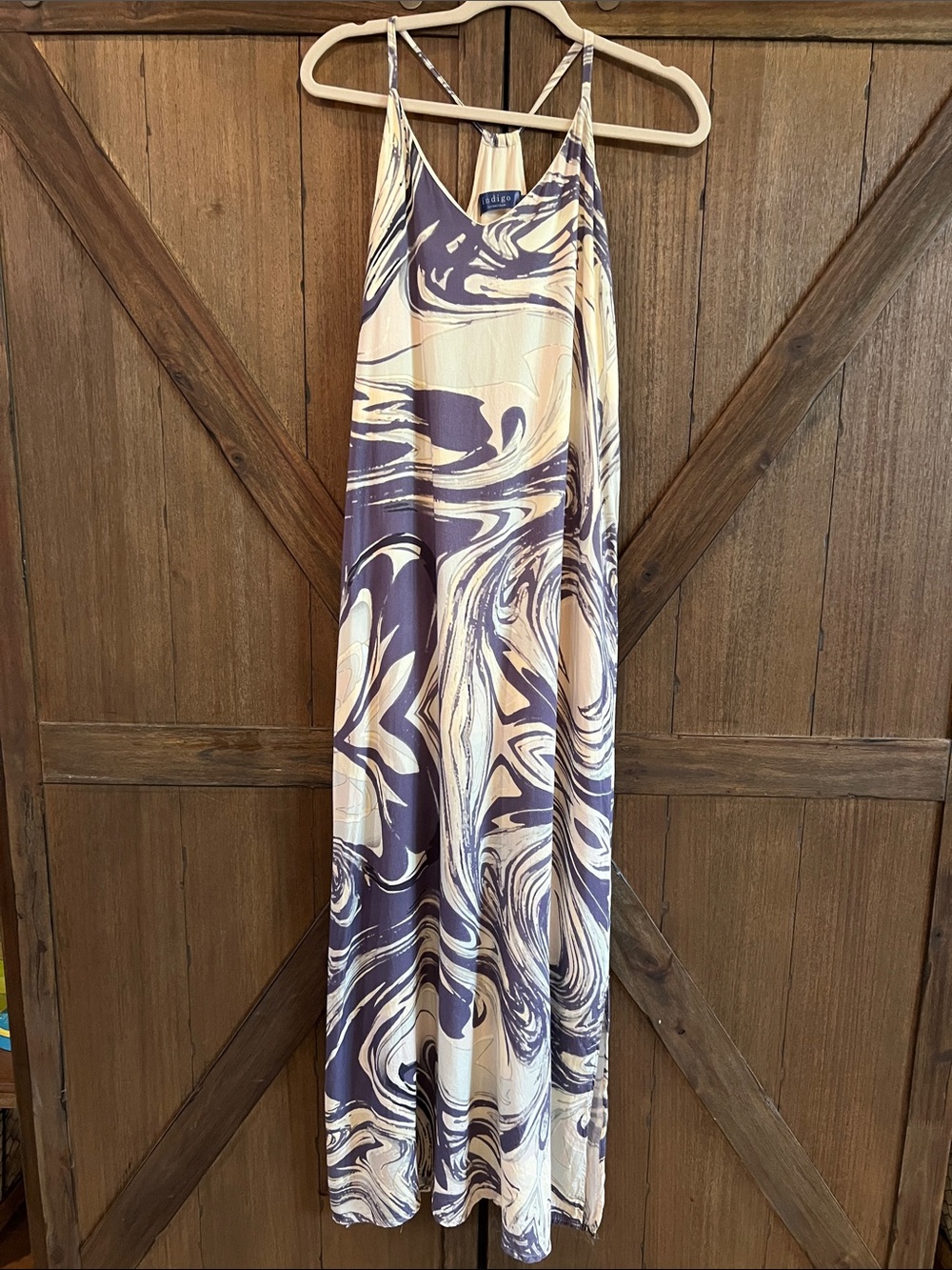 Indigo Watercolor 30A Swirl Print Maxi Dress in Cream and Blue